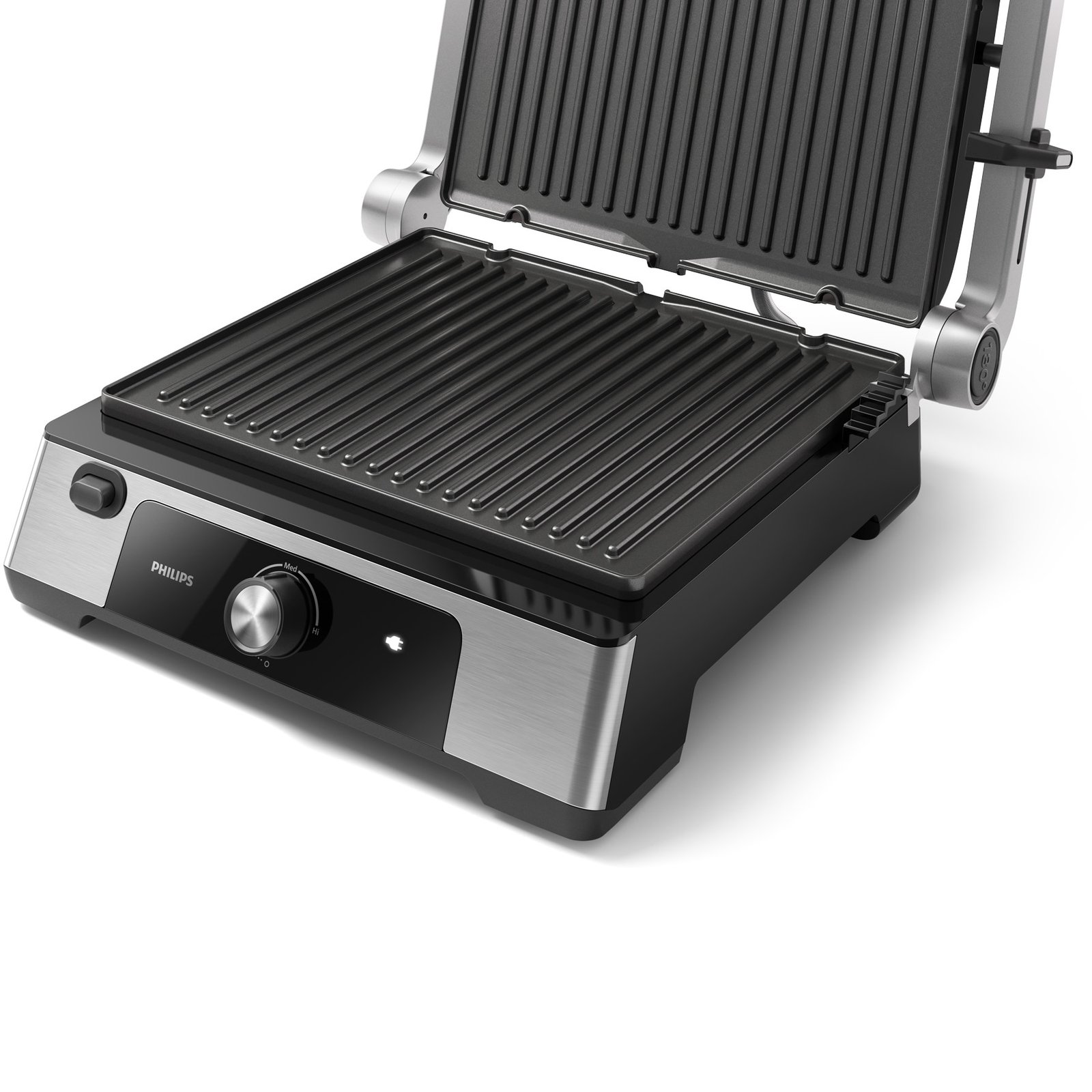 Panineuse et Grill Viande Philips Série 5000 - 2200 W Ouverture 180°, Hauteur Réglable, Thermostat, Plaques Antiadhésives – HD6301/90 Philips HD6301/90 ouvert à 180° en mode plancha