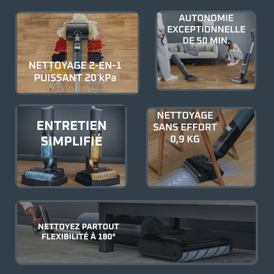 Aspirateur Laveur Sans Fil 20 kPa 50 min Auto-Nettoyage – ROWENTA GZ5436E0 X-Clean 5 Pro Les fonctions du ROWENTA X-Clean 5 Pro : autonomie, entretien, flexibilité 180°