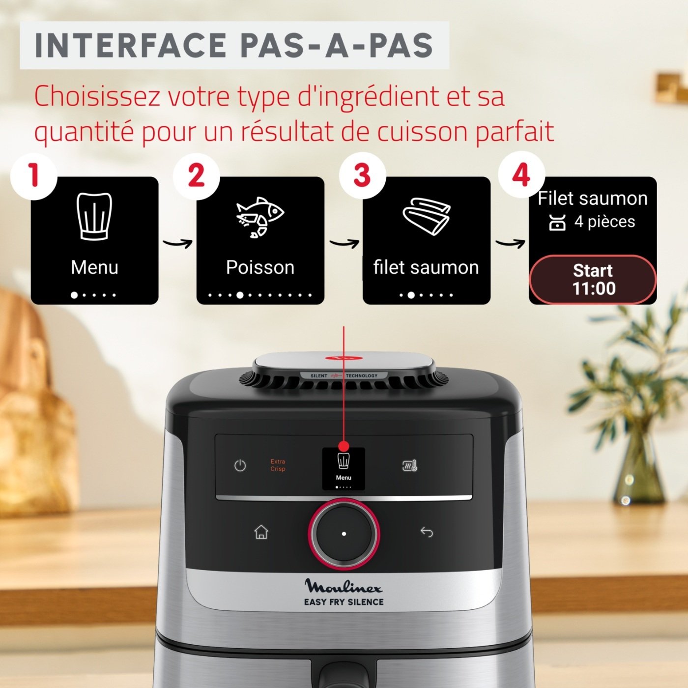 Air Fryer Friteuse Sans Huile 5 L 1530 W Silencieuse – MOULINEX EZ572DF0 Moulinex EZ572DF0 interface pas-à-pas