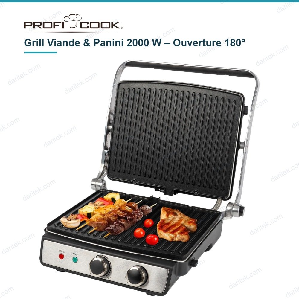 Panineuse et Grill Viande 2000 W Ouverture 180° Inox – PROFICOOK PC-KG 1264