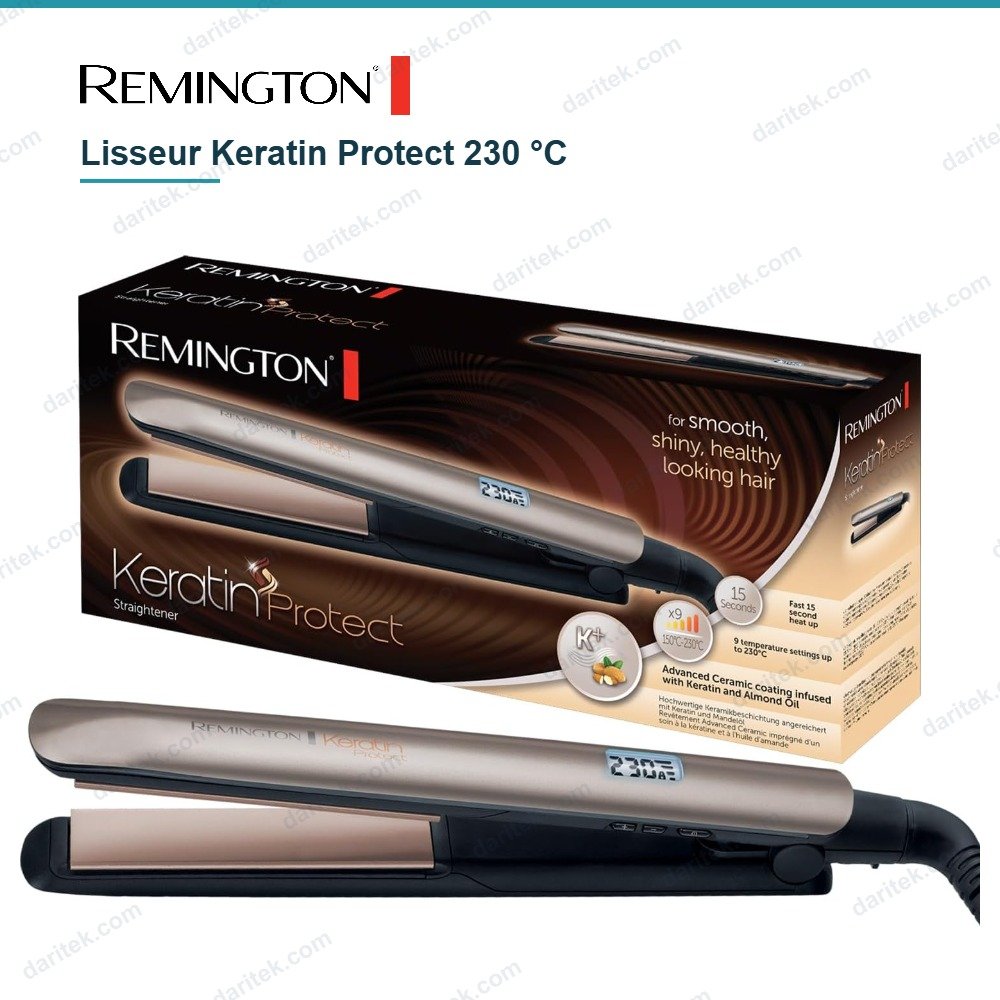 مملس شعر Keratin Protect سيراميك بالكيراتين وزيت اللوز 150-230 °م ألواح عائمة 110 مم – REMINGTON S8540